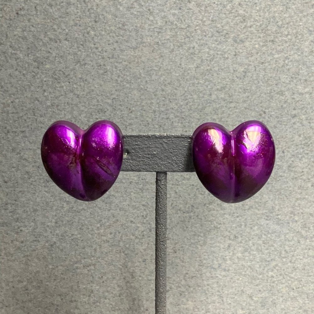 Puffy Heart Pierced Earrings Purple Streaked Iridescent 80'S Retro Soft Girl